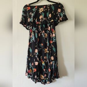 Strapless Floral Black Dress with Bird Print